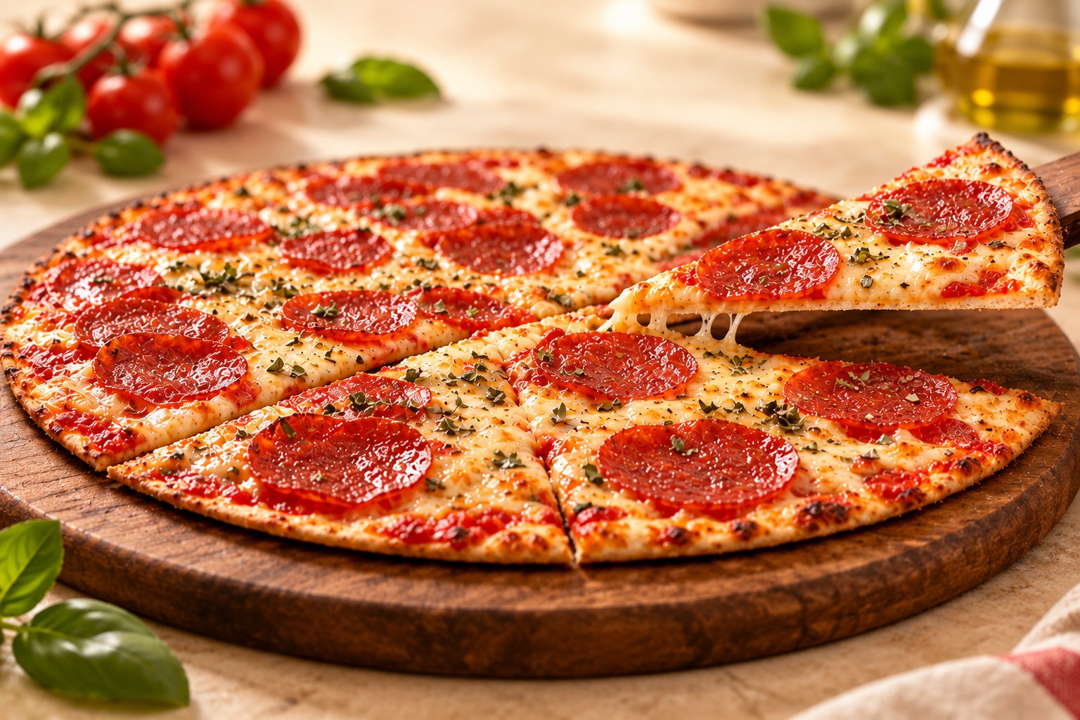 Pizza de calabresa com massa bem fininha e borda baixa sobre uma tábua